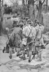 Encontrando el cuerpo de uno de sus compañeros, escalpado y horriblemente mutilado, grabado por F.H. Wellington, ilustración de 